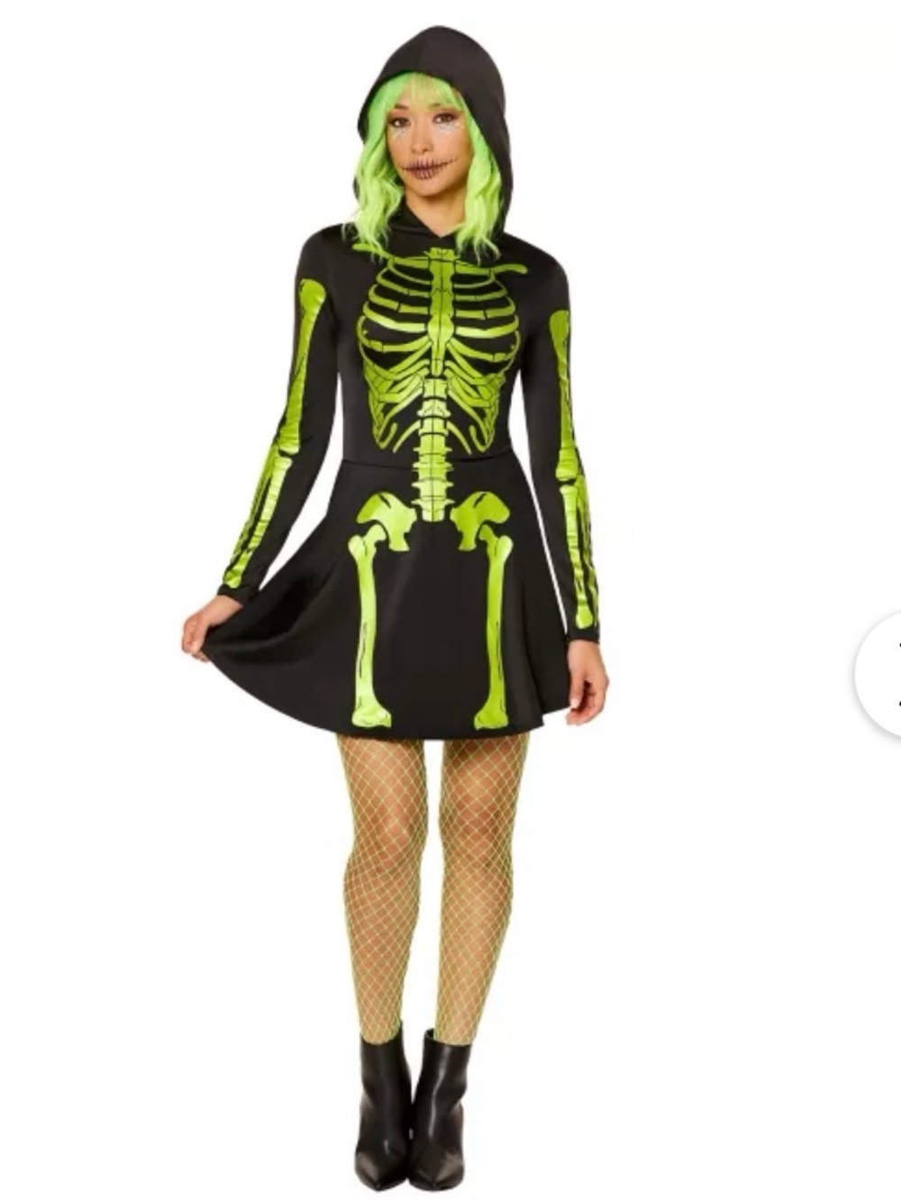 Adult Neon Green Skeleton Hooded Dress